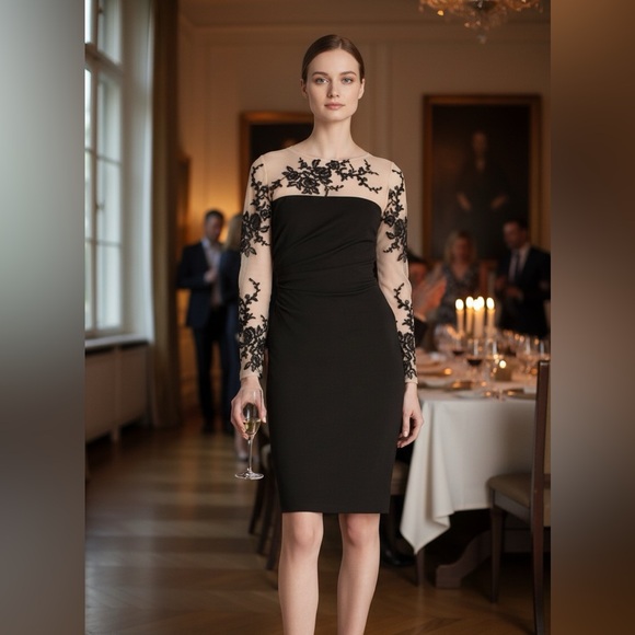 DAVID MEISTER Black Nude Sheer Embroidered Lace Illusion Yoke Sleeves Dress 6 - Picture 1 of 6